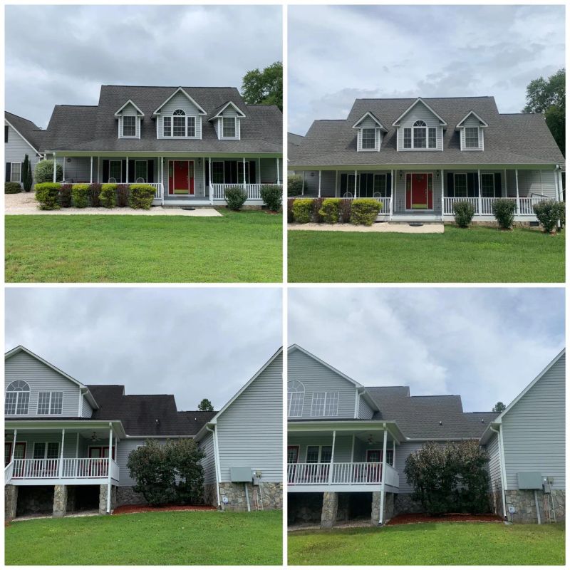 Before and after photos of a house exterior cleaned by Brotherboy's Pressure/Softwash, showcasing improvements in cleanliness and appearance.