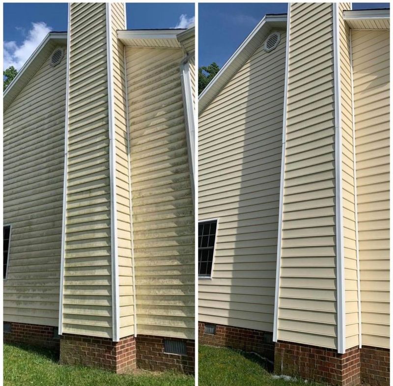Before and after images of a house exterior cleaning, showing significant dirt removal and restoration.